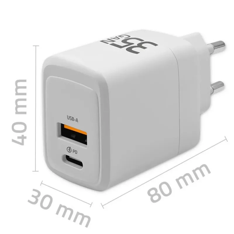 Carregador QOLTEC 51824 GaN 35W USB-C PD & USB QC 3.0, 5–20V, 1x USB-C, 1x USB-A