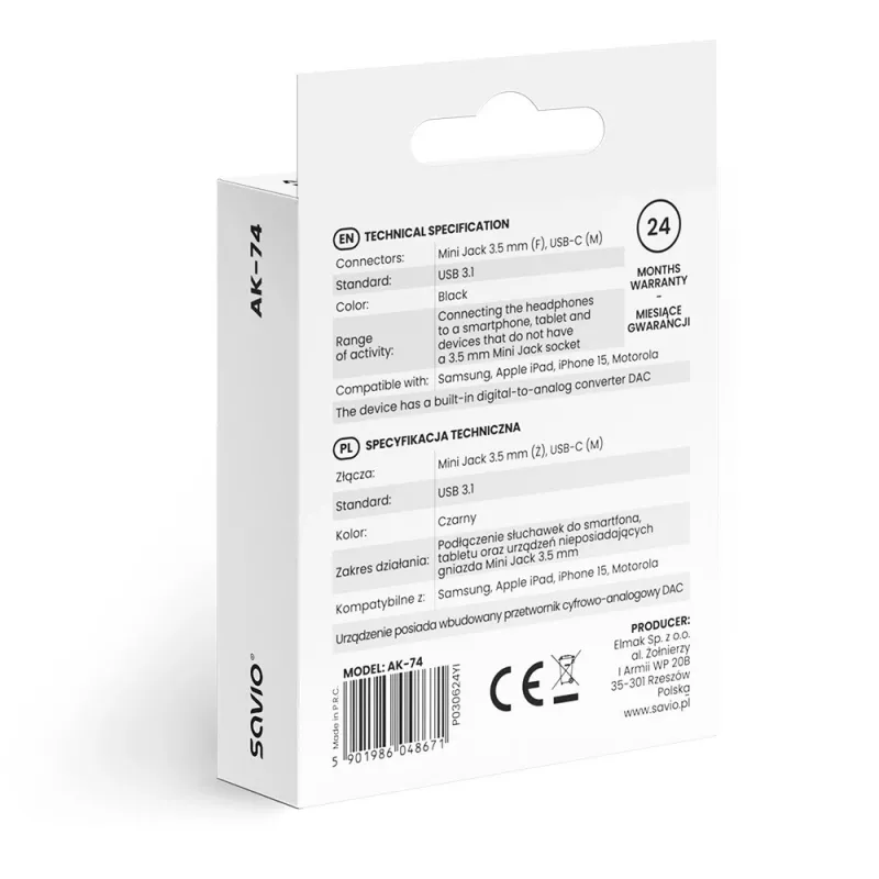 Adaptador áudio USB-C Jack 3,5mm AK-74