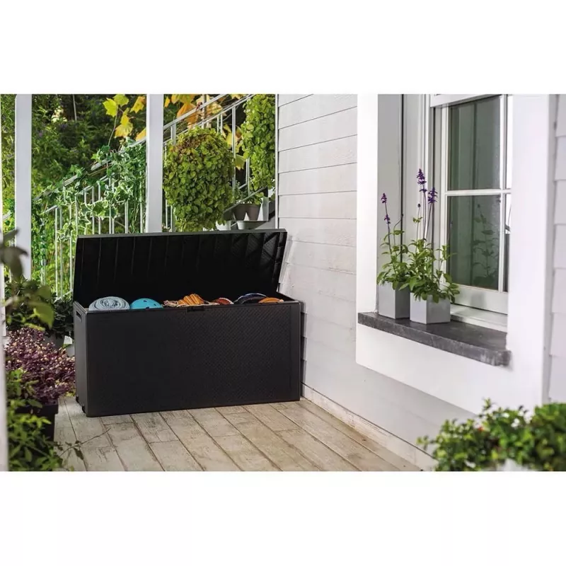 Caixa de arrumação exterior Keter 249722 270 L, resistente às intempéries, grafite, retangular 1180×440×580 mm
