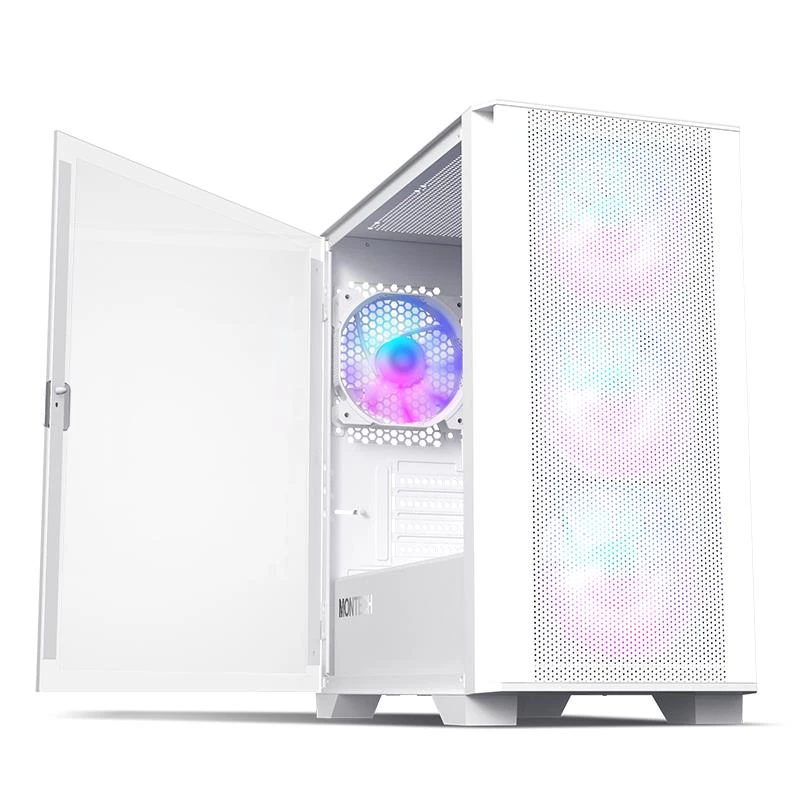 Caixa Micro-ATX Montech AIR 100 ARGB com quatro ventoinhas ARGB pré-instaladas, design ultra-minimalista, painel frontal em malha fina, elevado fluxo de ar, lateral única