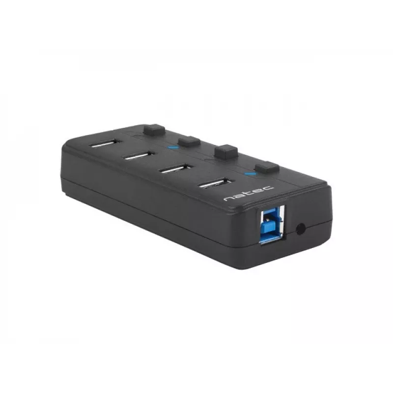 Natec Mantis 2 NHU-1557 hub USB 3.0 de 4 portas, entrada USB Type-B, interruptores ligar/desligar, adaptador de corrente, preto