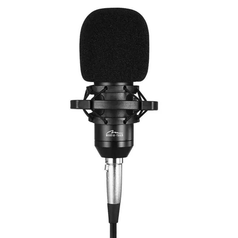 Microfone para PC MEDIA-TECH MT397S — com fios, entrada XLR, 20–20000 Hz, 150 Ω, -32 dB, cabo de 2,4 m, suporte de mesa, preto