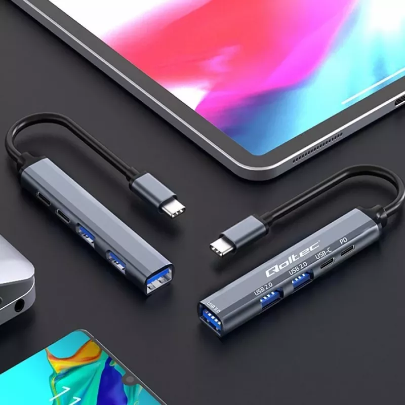 Qoltec 53790 Hub adaptador USB-C 3.1 5em1 | USB-C PD | USB-C | 2x USB 2.0 | USB 3.0