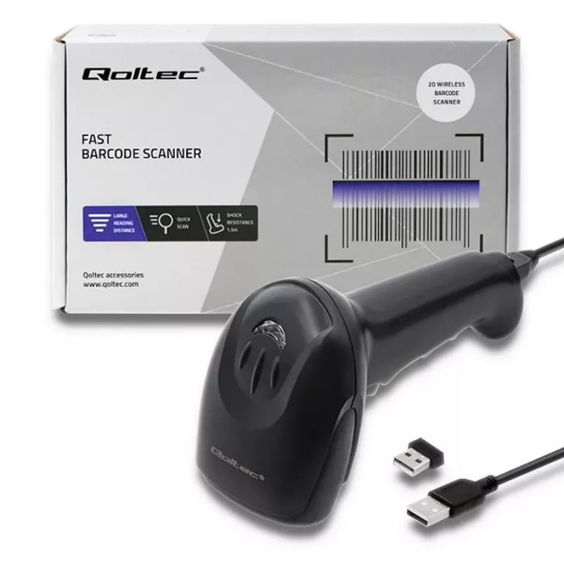 Leitor de códigos de barras manual QOLTEC 50868 — leitor laser 1D/2D, USB com e sem fios, distância de trabalho 600 mm, preto