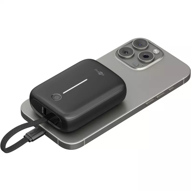 Powerbank portátil Goobay 10.000 mAh com cabo USB-C integrado – 20 W compacto para levar consigo (76251)