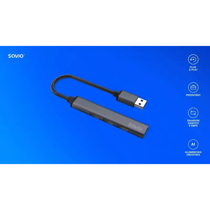 Savio AK-70 hub USB-A, 4 em 1: 3 x USB-A 2.0 + 1 x USB-A 3.1 Gen 1, 5 Gbps