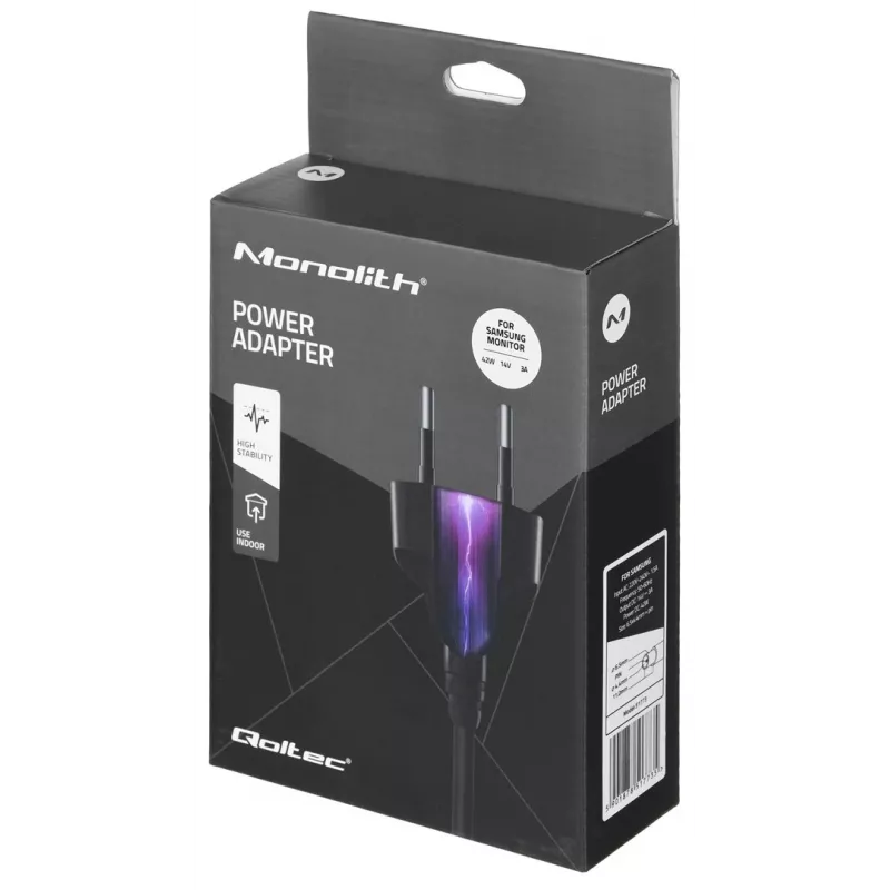 Qoltec 51773 adaptador de corrente CA para monitores Samsung, 42 W, 14 V 3 A, ficha de 6,5x4,4 mm, entrada 220–240 V 50/60 Hz
