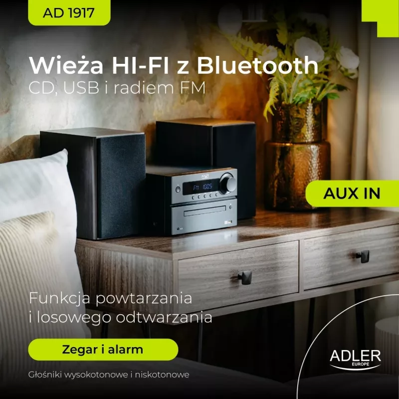 Mini sistema de alta fidelidade estéreo Adler AD 1917 — Bluetooth V5.3, CD/USB/MP3, 2×25 W RMS, sintonizador FM, equalizador de 4 bandas, AUX, preto