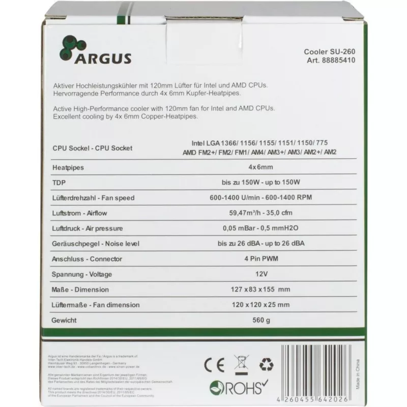 Inter-Tech Argus SU-260 - processador - dissipador - 12 cm - LGA 1150 (Socket H3) - LGA 1151 (Socket H4) - LGA 1155 (Socket H2) - LGA 1156 (Socket H) - LGA 775... - AMD A - Intel® Celero