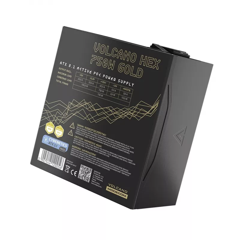 Fonte de alimentação MODECOM VOLCANO HEX GOLD 750W, 80 PLUS Gold, ATX 3.1, modular, ventoinha de 14 cm