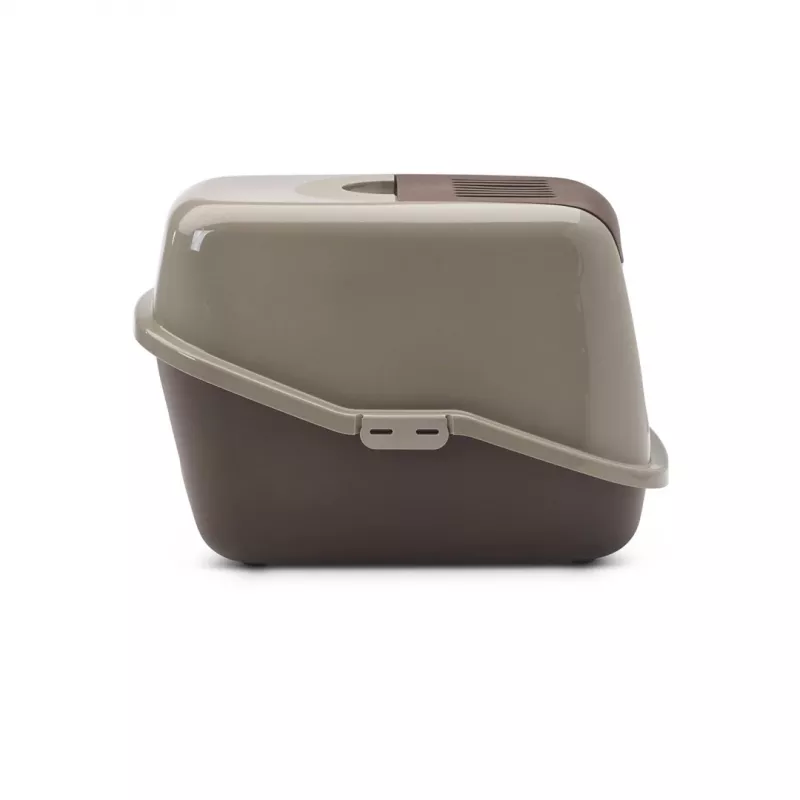 Caixa de areia para gatos com tampa Savic Nestor, plástico, 56×39×38,5 cm, cinzento quente–castanho chocolate