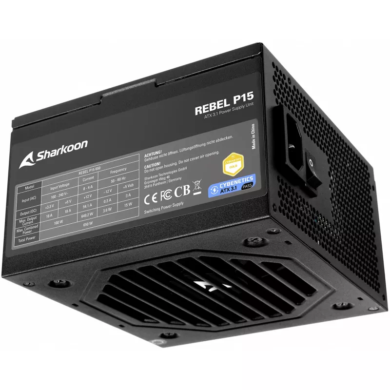 Fonte de alimentação Sharkoon Rebel P15 650 — 650 W, 1x conector de GPU de alta potência de 12 pinos, 2x PCIe, cabos modulares