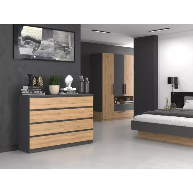 Cómoda Top e shop M8 140 ANT/ART — 8 gavetas, antracite/carvalho, 1380×400×970 mm, aglomerado