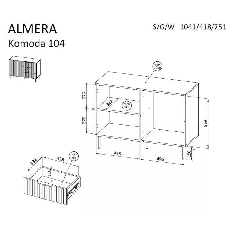 Cómoda cama meble ALMERA 104x42x75 cm, nogueira/caxemira, 3 gavetas, aglomerado