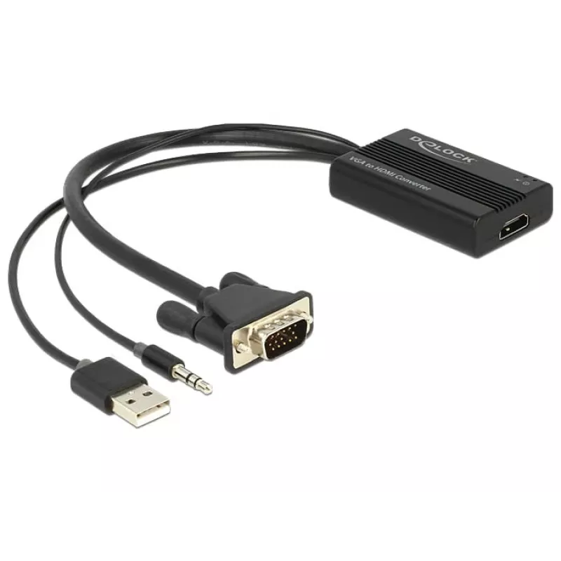 Cabo adaptador de vídeo DeLOCK 62597 0,25 m HDMI Type-A VGA D-Sub 3,5 mm USB Type-A preto