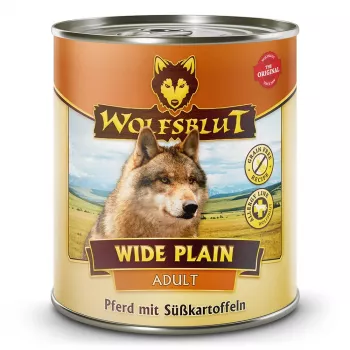Alimento húmido para cães Wolfsblut Wide Plain Horse Meat with Sweet Potatoes 800 g — refeição completa em lata, monoproteica, adulto, sem glúten e soja