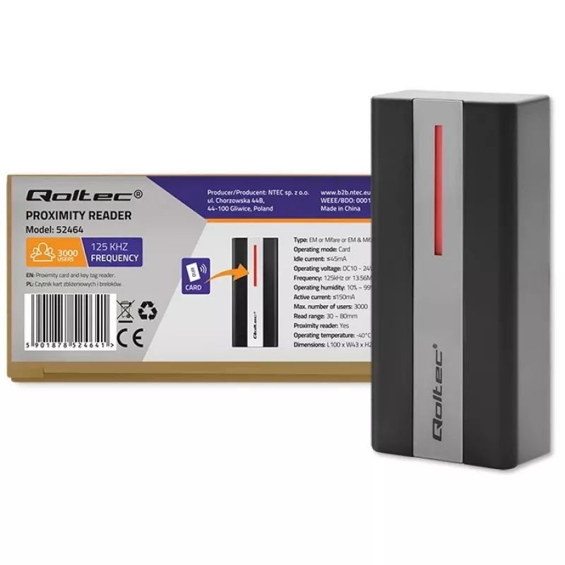 Qoltec Leitor RFID sem contacto de cartões e porta-chaves | EM | Mifare | cartão | porta-chaves | ABS