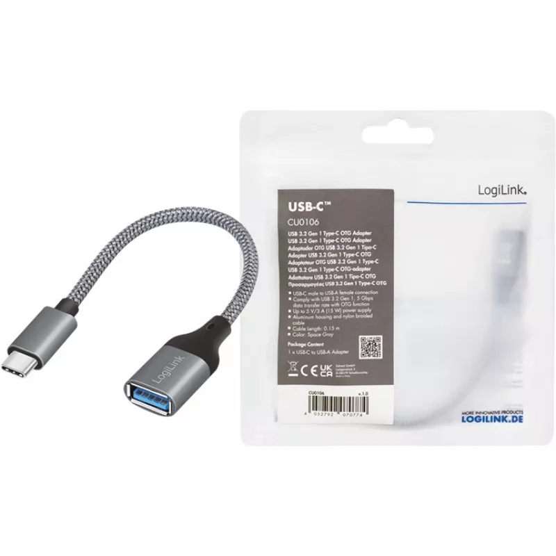 Adaptador LogiLink USB 3.2 Gen1 Type-C C/M para USB-A/F OTG alumínio 0,15 m