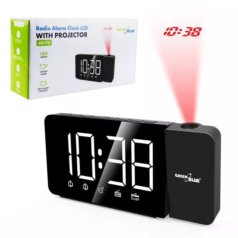 Rádio-relógio LED digital GreenBlue GB172 com sintonizador FM, projetor, termómetro, alimentação USB 5V e CR2032