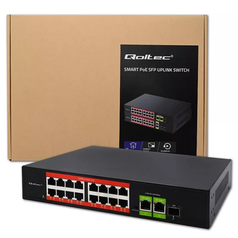Switch Ethernet PoE QOLTEC 16x RJ45, 2x RJ45 uplink, 1x SFP (MPN 52291)