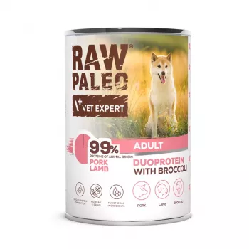 Comida húmida para cães VETEXPERT RAW PALEO Duoprotein porco e borrego Adult 400 g, sem cereais, sem glúten