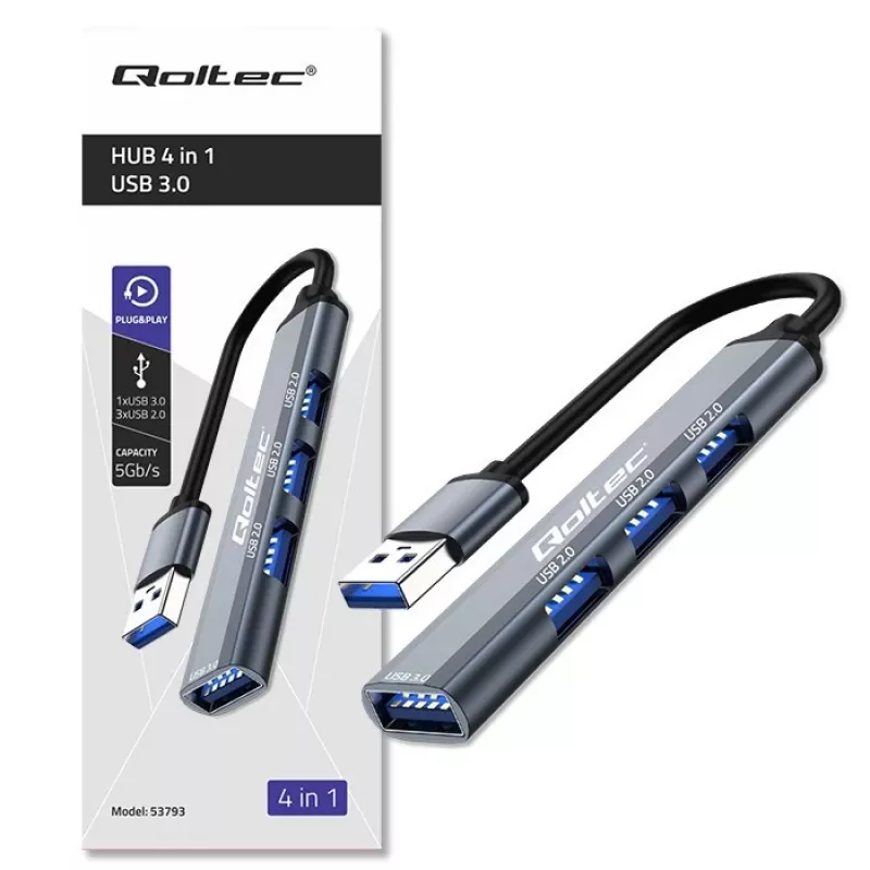 Hub USB QOLTEC 53793 — entrada USB 3.0, 3× portas USB 2.0