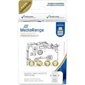 Cassete de fita de plástico MediaRange MRBTZ121 9 mm 8 m preto sobre transparente