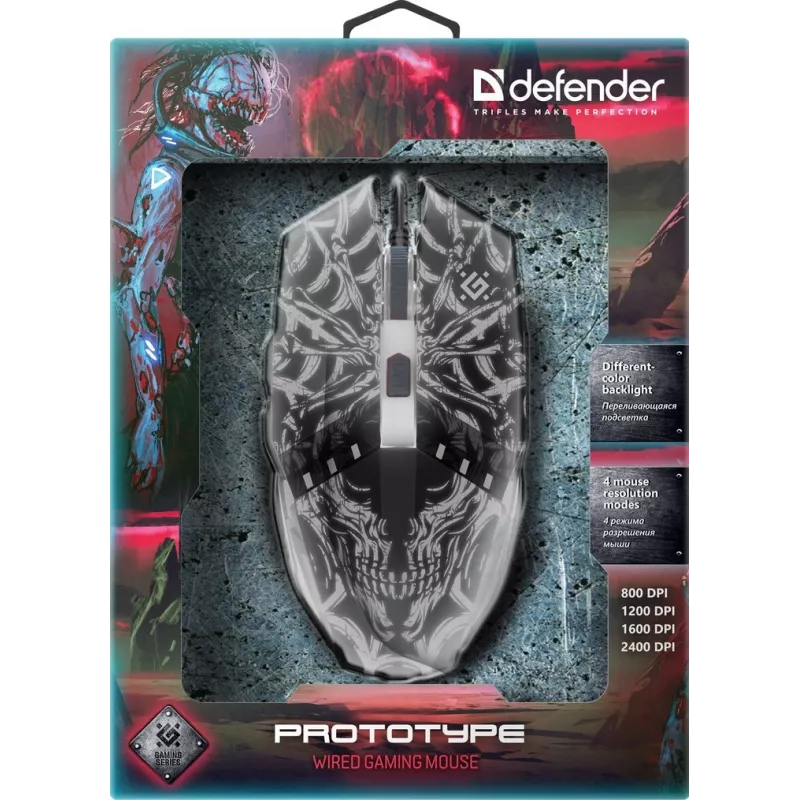 Defender PROTOTYPE GM-670L rato gaming, ótico, 2400 DPI, com fio USB, ambidestro, iluminado, preto