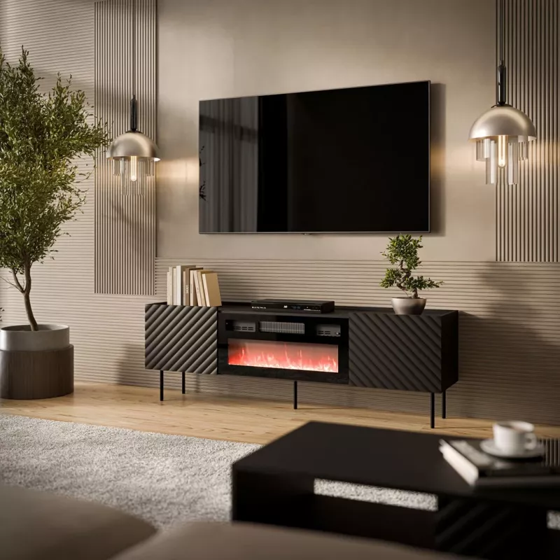 Móvel de TV Cama Meble LUCCA 180x40x59 cm, tampo e moldura pretos, aglomerado, com lareira preta incluída