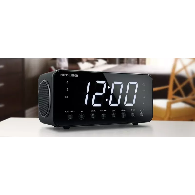 Rádio-despertador Muse M-192 CR — relógio digital, sintonizador FM, ecrã LED de 1,8 polegadas, madeira preta, AC 100–240V, backup AAA
