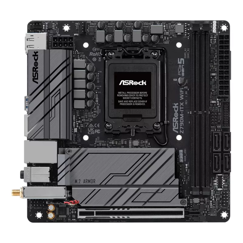 Placa-mãe ASRock Z790M-ITX WiFi — Intel Z790, LGA 1700, mini ITX, DDR5, 2x DIMM, 64GB, 2.5Gb LAN, Wi-Fi 6E