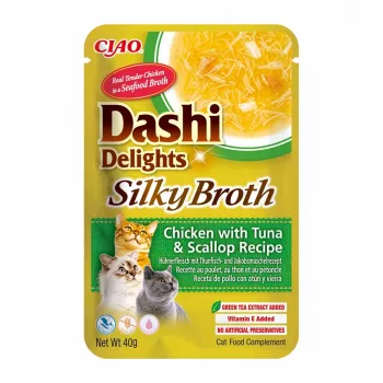 Snack húmido para gatos INABA Dashi Delights – frango com atum e vieira, 40 g saqueta, 93 % de humidade, 5,5 % de proteína