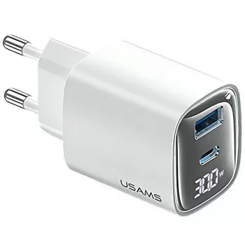 Carregador rápido GaN 30W USB e USB-C usams CC229 Branco — indicador LED, design compacto