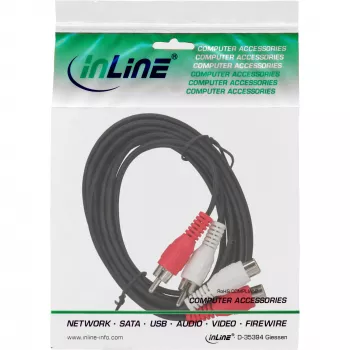 Cabo de áudio InLine 2x RCA ficha / conector fêmea 20m, 2 x RCA, ficha, 2 x RCA, conector fêmea, 20 m, preto