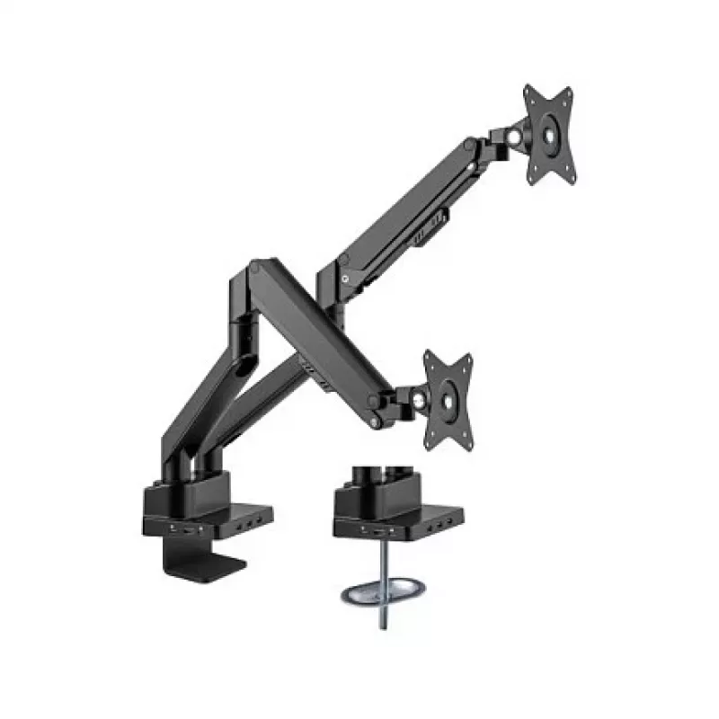 Suporte de secretária duplo Manhattan para TV e monitores (Full Motion mola a gás) com dock integrado, para ecrãs até 27 polegadas, ligações (x7): Ethernet, HDMI (x2), USB-A (x3) e USB-C, Power Delivery (100 W) para a ligação USB-C (requer fonte de alimentação/cabo USB-C separado), VESA: 75x75 e 100x100 mm