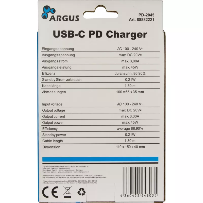 Carregador Inter-Tech PD-2045 Universal preto AC para interiores 20V USB-C