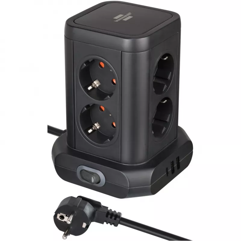 Torre de tomadas Brennenstuhl 1153560010 — 8 tomadas, 2×USB-A, 1×USB-C, preto