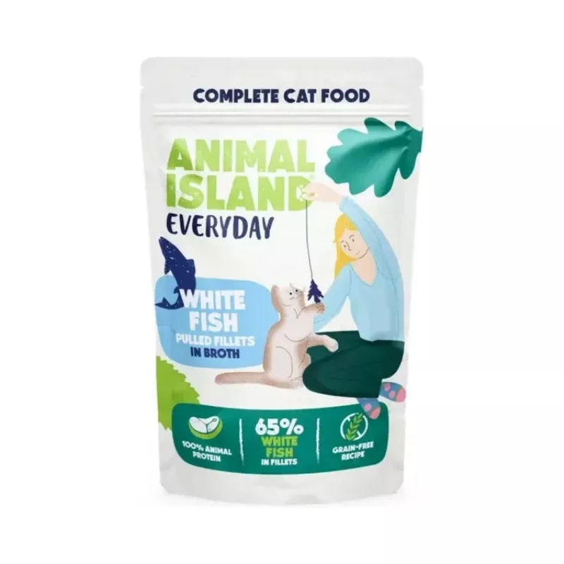 Alimento húmido para gatos animal island Everyday — Filetes de vaca, frango, peru e peixe branco em caldo, 40 x 85 g saquetas