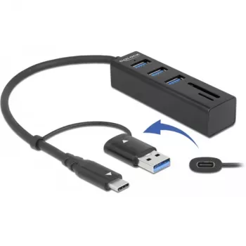 Hub USB 3.2 Gen 1 de 3 portas + leitor de cartões SD e Micro SD com ligação USB Type-C ou USB Type-A, hub USB