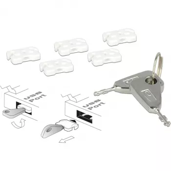 Conjunto de bloqueadores de porta USB para conector fêmea USB-A, fecho de encaixe Branco/Prateado, 5x bloqueadores de porta USB, 2x chaves