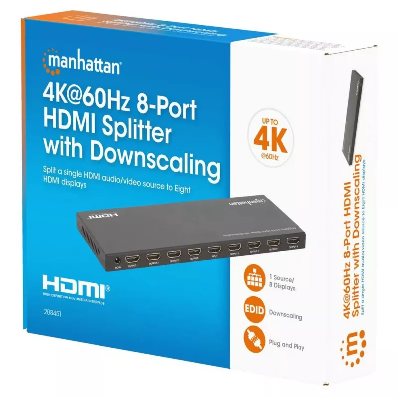 Splitter HDMI Manhattan 4K@60Hz 8 portas com downscaling, distribui um sinal de entrada HDMI para oito saídas HDMI (1x8), 18G, interruptor EDID para downscaling, preto