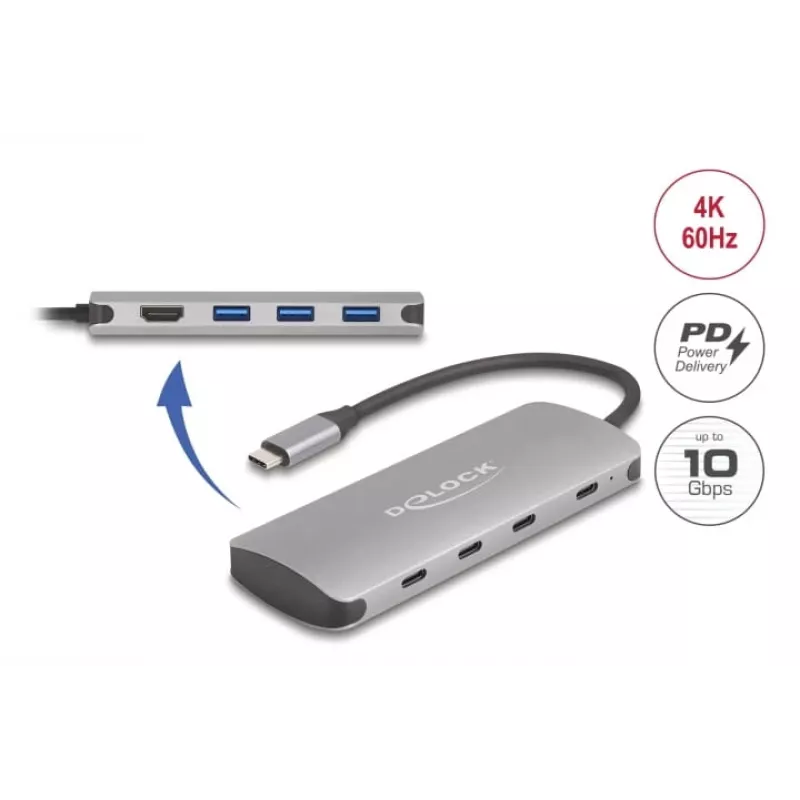 Hub USB-C DELOCK 64323 — anfitrião USB 3.2 Gen 2 Type-C, HDMI + 2× USB-A + 2× USB-C, 10 Gbit/s, cinzento