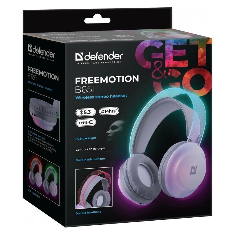 Defender FreeMotion B651 63651 auscultadores sem fios supra-auriculares, Bluetooth 5.3, retroiluminação RGB, 20–20000 Hz, 105 dB, USB-C, AUX, brancos