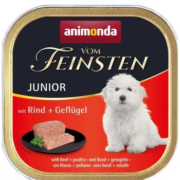 Comida húmida para cães animonda Vom Feinsten Junior vaca & aves taça 150 g — para o crescimento, proteína 11%, gordura 7%