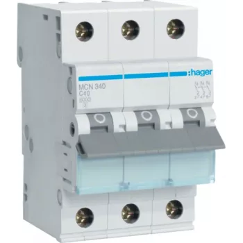 Hager MCN340. Número de polos: 3P. Frequência de rede: 50/60 Hz, corrente nominal: 40 A (MCN340)