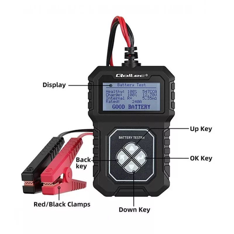Testador de bateria digital Qoltec com LCD | Menu em polaco | 12V | AGM | GEL | STD | 30-220AH