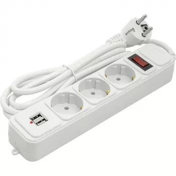 Extensão elétrica doméstica 1,8 m, 3 tomadas + 2 USB, com interruptor