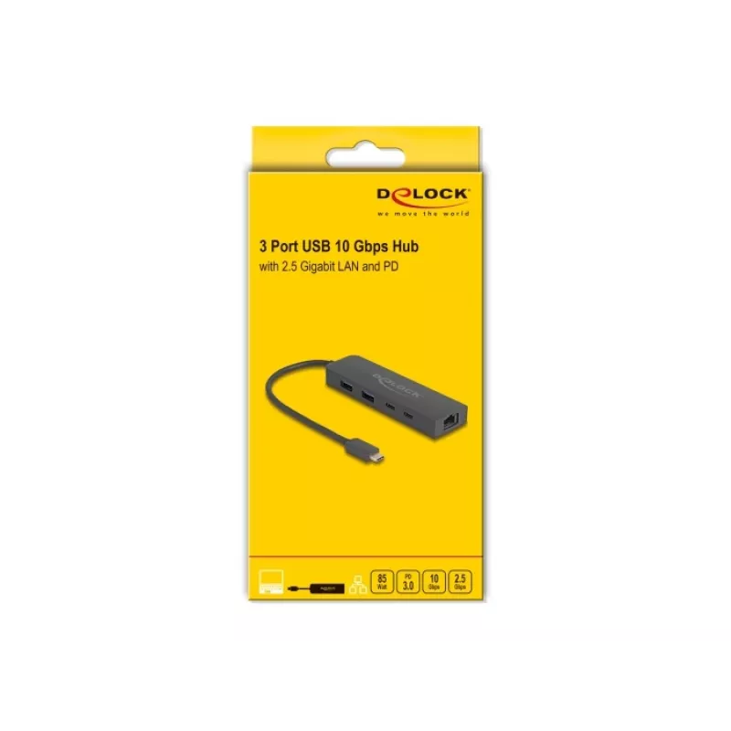 Hub USB DeLOCK 10 Gbit/s com 2,5 Gigabit LAN e PD 85 Watt