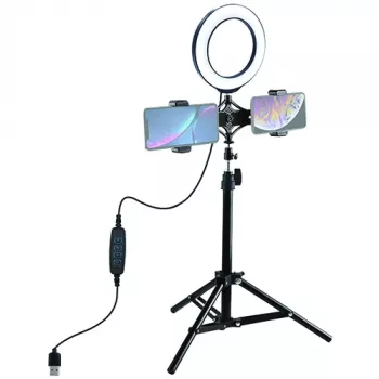 Anel de luz LED 16 cm com tripé até 70 cm e suporte duplo para telemóvel, USB
