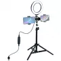 Anel de luz LED 16 cm com tripé até 70 cm e suporte duplo para telemóvel, USB
